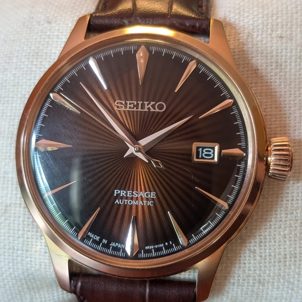 Seiko Gold-Tone Case with Brown Sunburst Dial and Brown Leather Strap